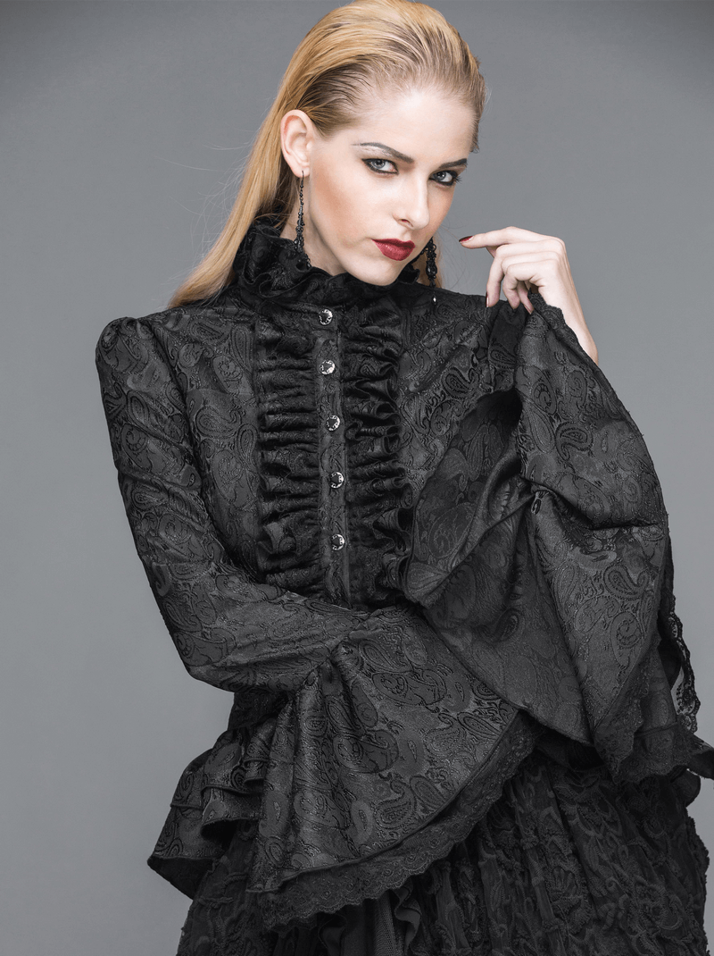 Women's Black High Collar Shirt With Ruffles / Ladies Long Flared Sleeves Blouse in Gothic style - HARD'N'HEAVY