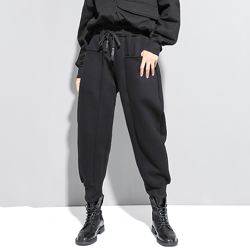 Women's Black High Waist Harem Pants / Fashion Elastic Waist Patchwork Loose Trousers - HARD'N'HEAVY