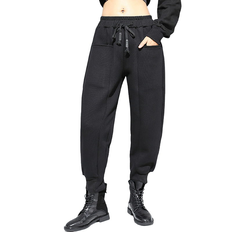 Women's Black High Waist Harem Pants / Fashion Elastic Waist Patchwork Loose Trousers - HARD'N'HEAVY