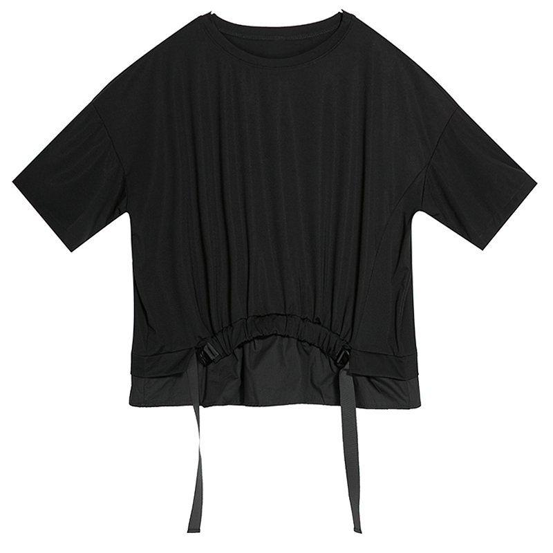Women's black irregular ribbon t-shirt with half sleeves, perfect for trendy outfits and stylish looks.