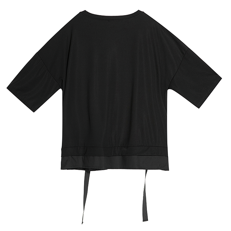 Women's Black Irregular Ribbon T-shirt / Fashion Round Neck Top with Half Sleeve - HARD'N'HEAVY