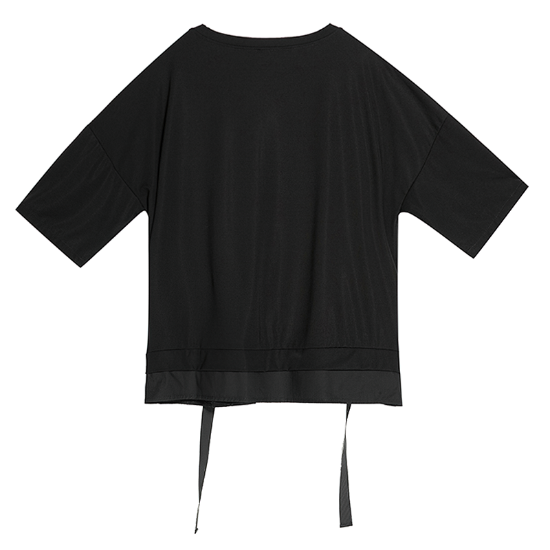 Back view of a women's black irregular ribbon T-shirt with half sleeves, showcasing its trendy style and unique design.