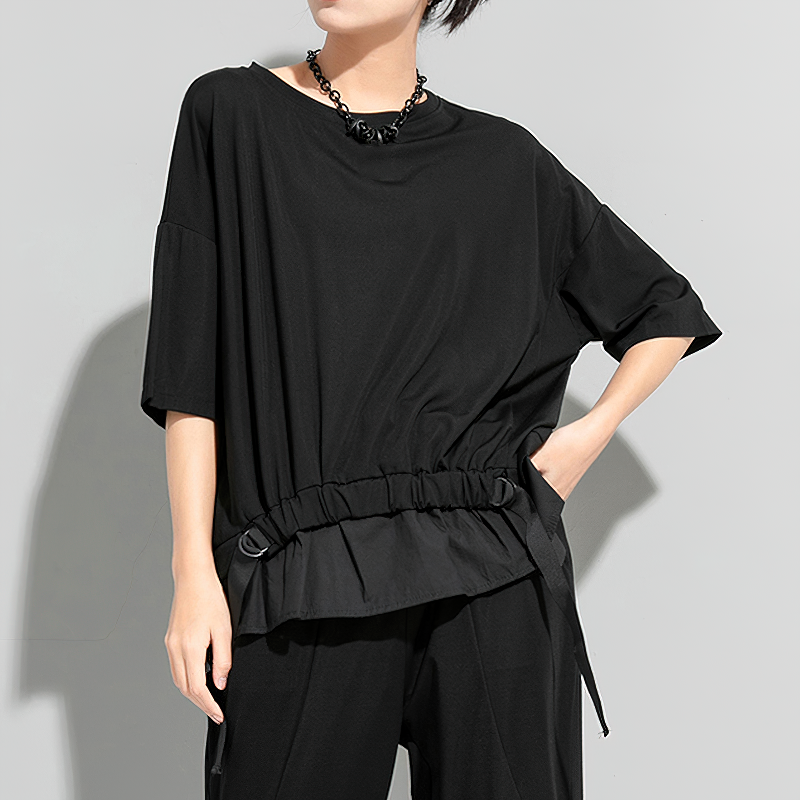 Women's black irregular ribbon T-shirt with half sleeves, stylish round neck top for trendy outfits.