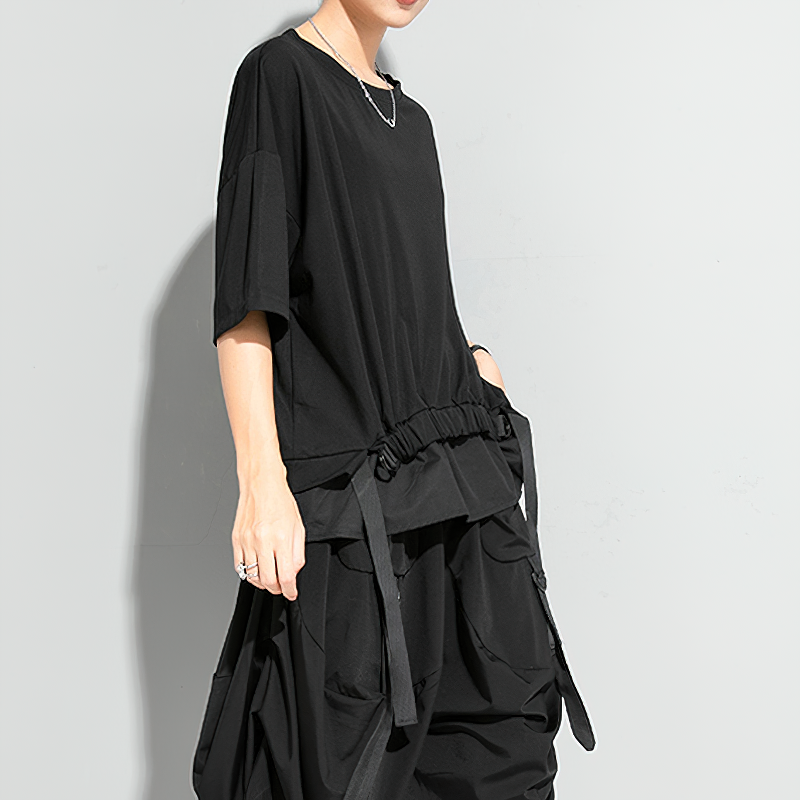 Women's black irregular ribbon T-shirt with half sleeves, stylish and trendy for casual outfits.