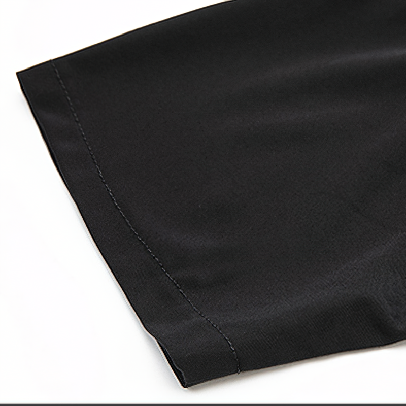 Close-up of the sleeve detail of a women's black t-shirt with an irregular ribbon design, showcasing soft fabric and stitching.