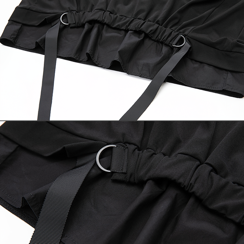 Close-up view of Women's Black Irregular Ribbon T-shirt with stylish adjustable ruffle detail.