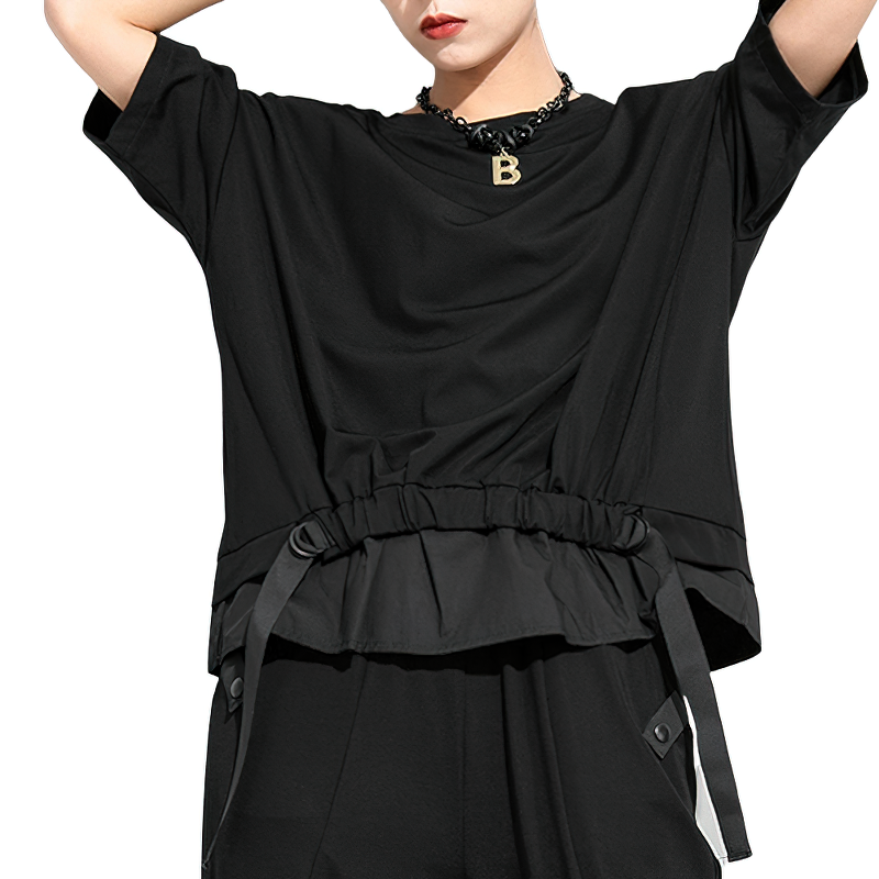 Women's black irregular ribbon T-shirt, stylish round neck top with half sleeves, paired with trendy accessories.