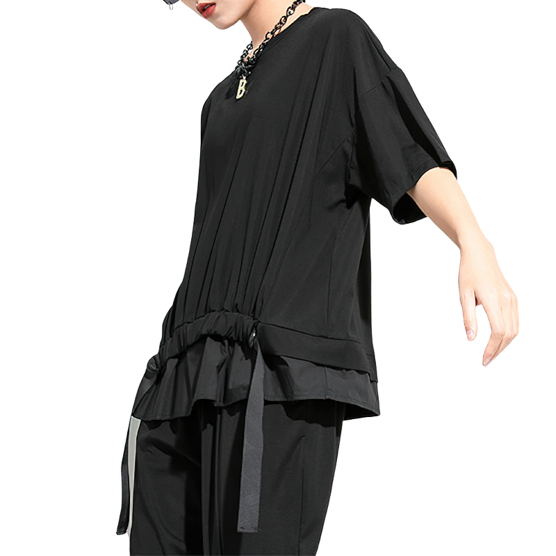 Women's Black Irregular Ribbon T-shirt / Fashion Round Neck Top with Half Sleeve - HARD'N'HEAVY