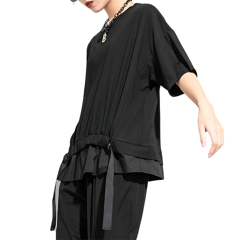 Women's black irregular ribbon T-shirt with half sleeves, perfect for trendy outfits and a comfortable fit.
