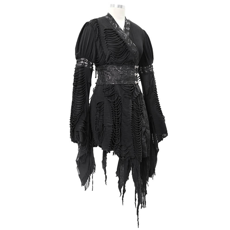 Women's Black Kimono Short Dress with Girdle / Unique Ripped Dress With Long Wide Lacings Sleeves - HARD'N'HEAVY