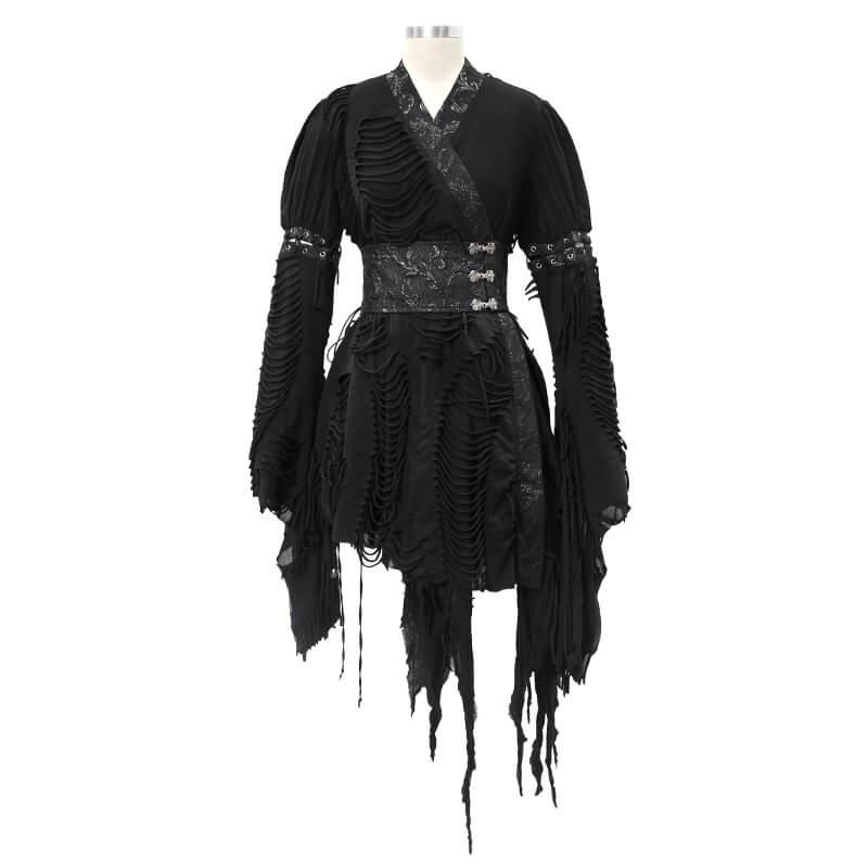 Women's Black Kimono Short Dress with Girdle / Unique Ripped Dress With Long Wide Lacings Sleeves - HARD'N'HEAVY