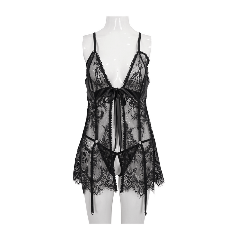 Women's Black Lace Two-Piece Lingerie Set / Gothic Sexy Transparent Lingerie With Irregular Hem - HARD'N'HEAVY