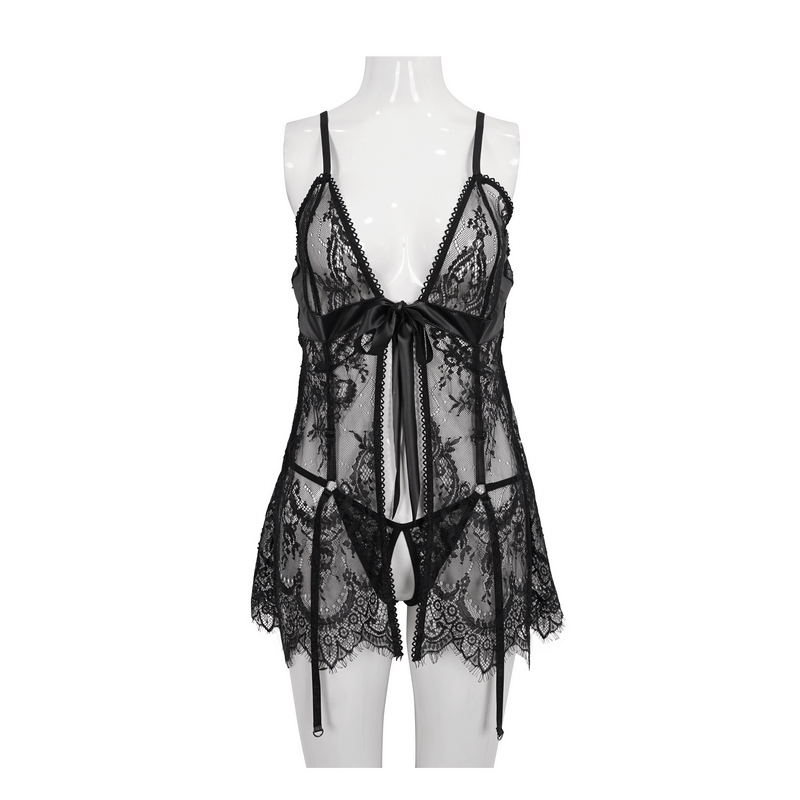 Elegant women's black lace two-piece lingerie set with irregular hem and bow detail, perfect for gothic styling.