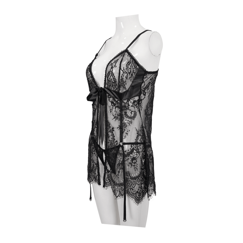 Elegant black lace two-piece lingerie set with irregular hem, featuring a bow detail for gothic style.