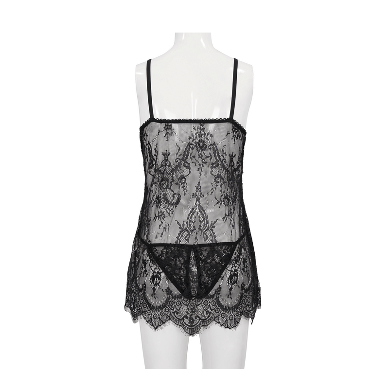 Elegant women's black lace two-piece lingerie set showcasing a sheer design with intricate patterns and irregular hem.