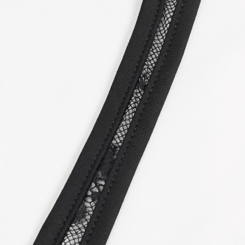 Close-up detail of black lace trim on lingerie, showcasing intricate lace design and elegant finish.