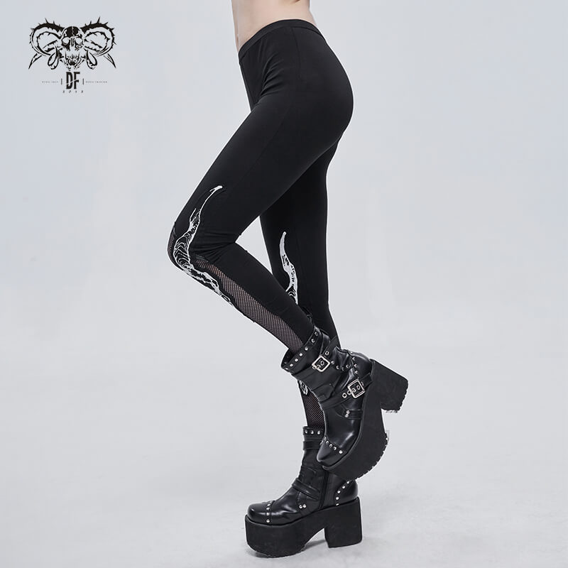 Women's Black Leggings with White Baphomet Print / Stylish Ladies Soft Stretchy Cotton Leggings - HARD'N'HEAVY