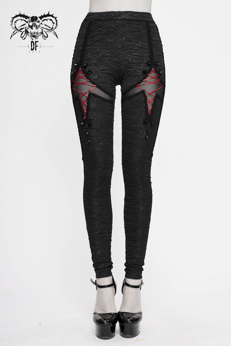 Women's Black Leggins with Red Lasings / Elastic Waist Skinny Pants in Gothic Style - HARD'N'HEAVY