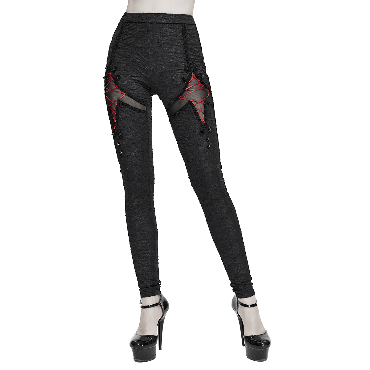Women's Black Leggins with Red Lasings / Elastic Waist Skinny Pants in Gothic Style - HARD'N'HEAVY