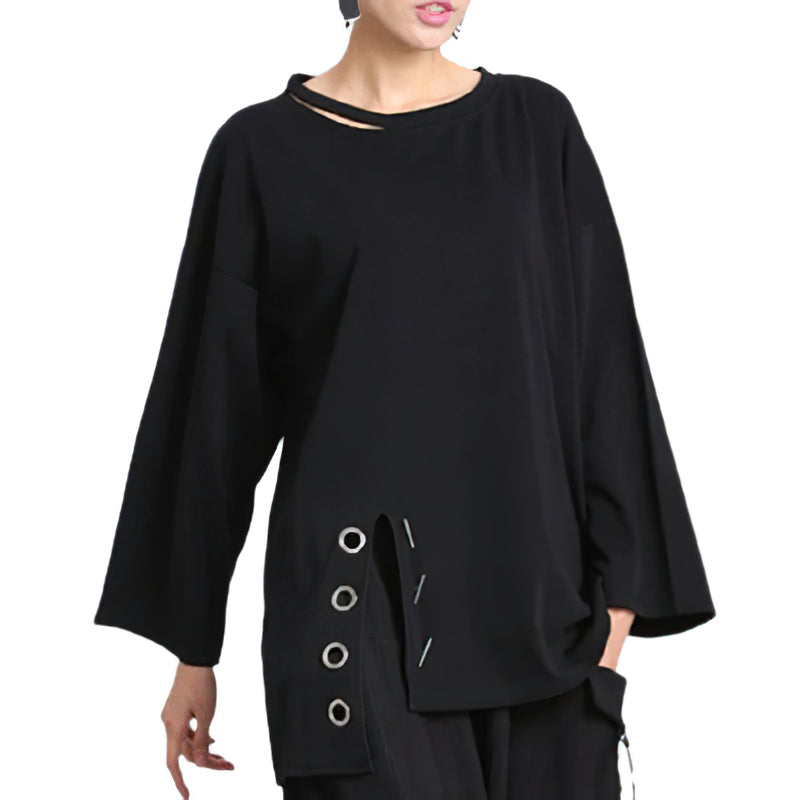 Women's black long sleeve top with unique metal details and asymmetric design, perfect for casual outfits.