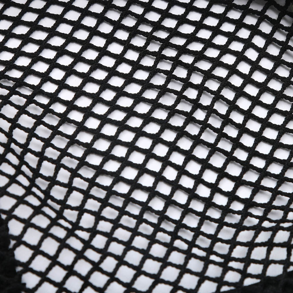 Close-up of black mesh fabric, showcasing the grid pattern suitable for gothic-style clothing.