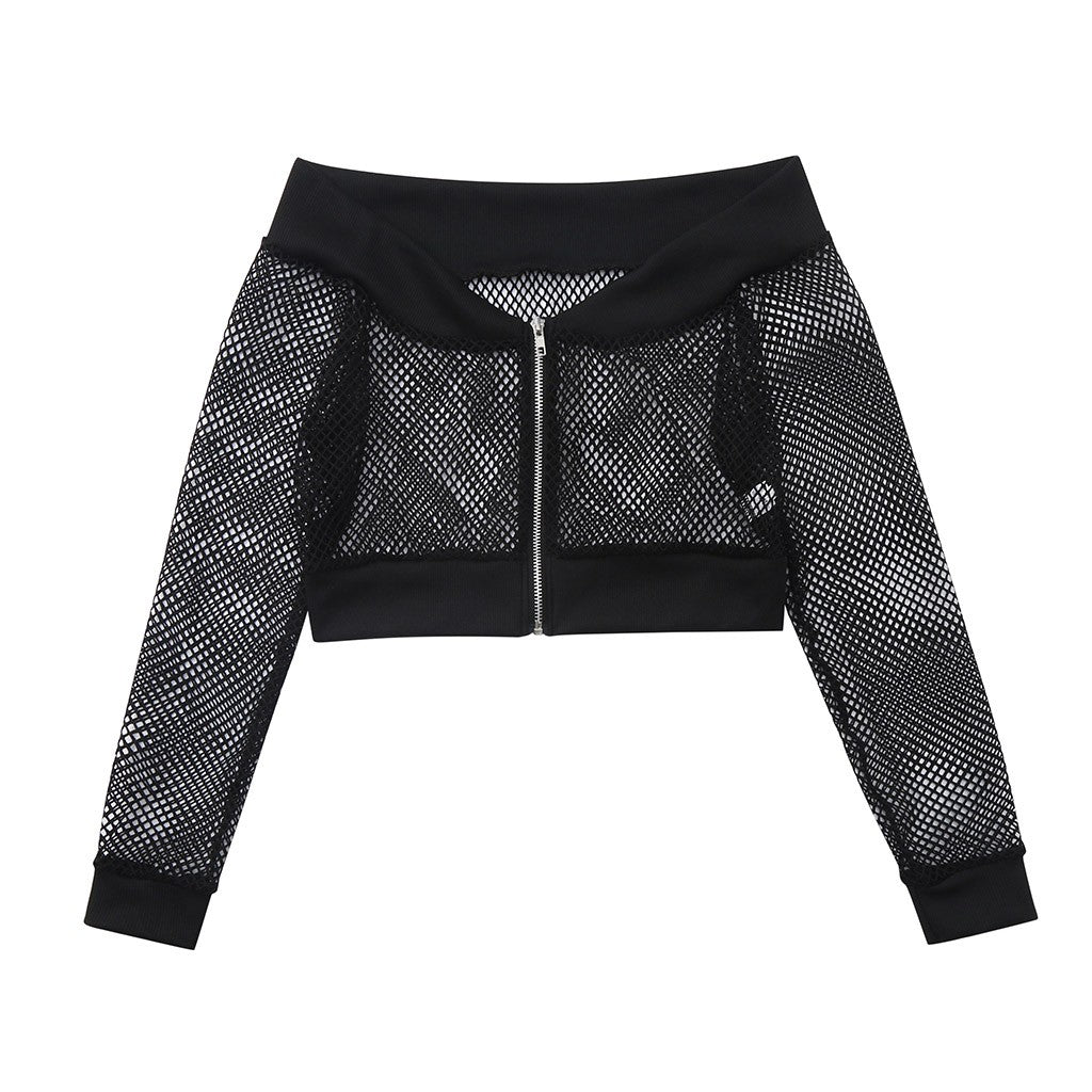 Women's Black Mesh Crop Top with Long Sleeve / Off Shoulder Sexy Streetwear in Gothic Style - HARD'N'HEAVY