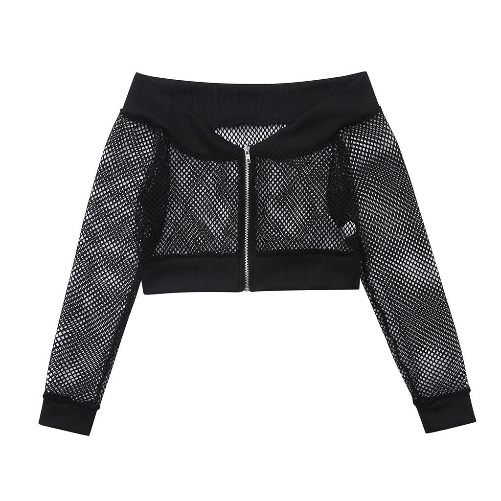 Women's black mesh crop top with long sleeves and off-shoulder design, perfect for gothic streetwear style.