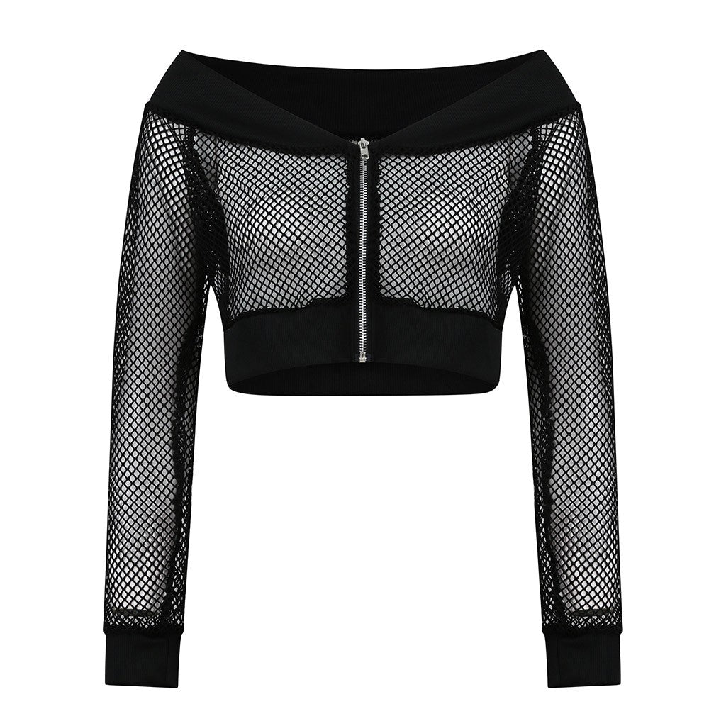 Women's black mesh crop top with long sleeves, off-shoulder design in Gothic style, perfect for streetwear.