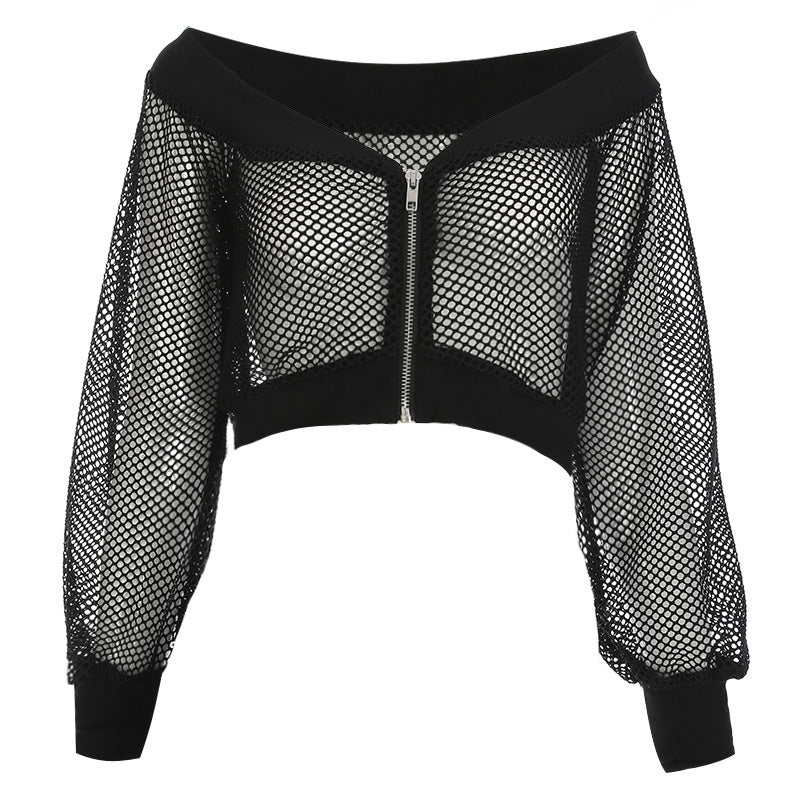 Women's black mesh crop top with long sleeves, off-shoulder design in gothic streetwear style.