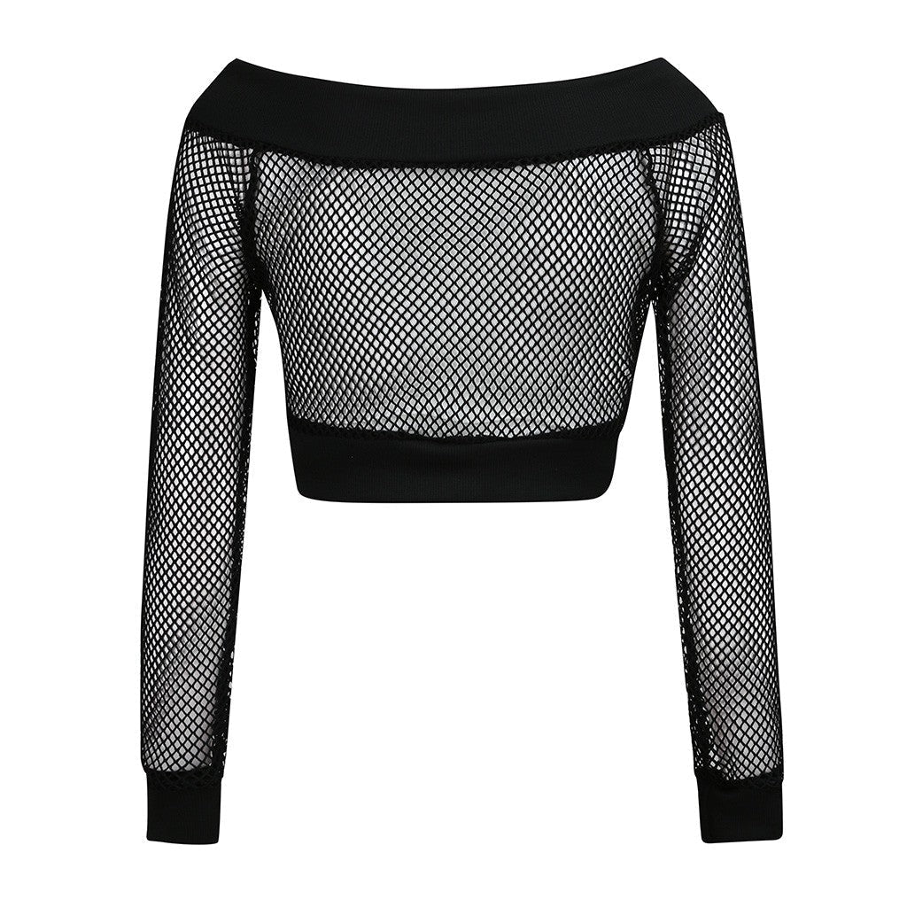 Women's black mesh crop top with long sleeves and off-shoulder design, perfect for gothic streetwear style.