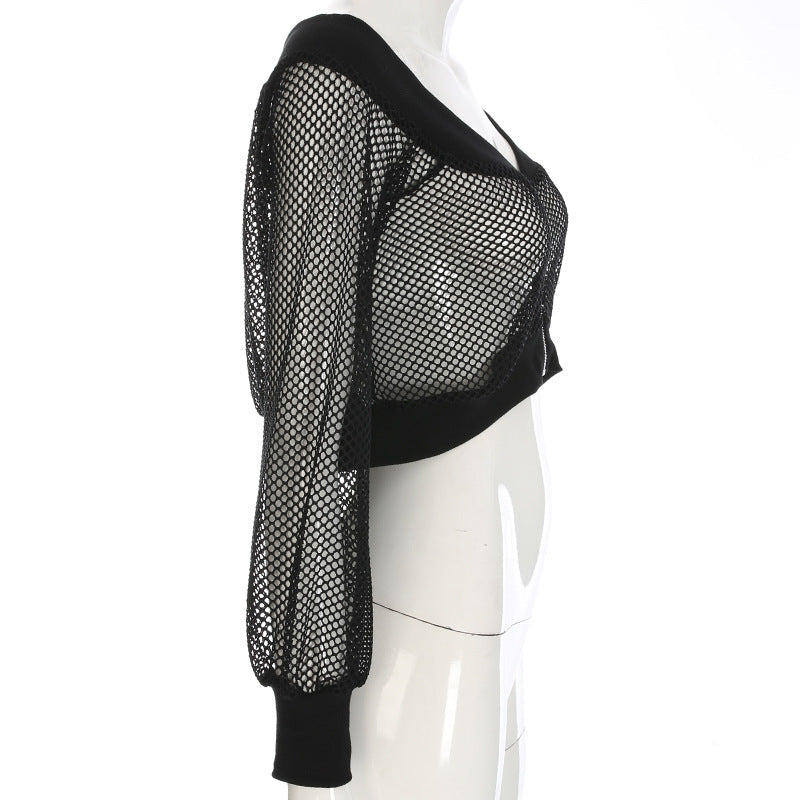 Women's Gothic black mesh crop top with long sleeves and off-shoulder design, perfect for edgy streetwear style.