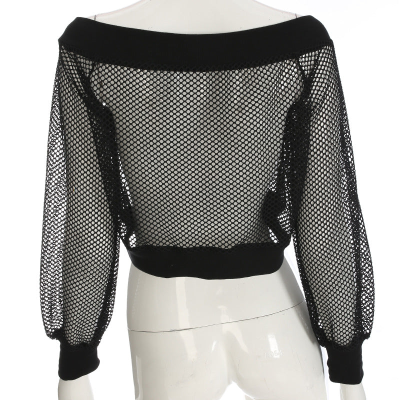 Women's Black Mesh Crop Top with Long Sleeve / Off Shoulder Sexy Streetwear in Gothic Style - HARD'N'HEAVY