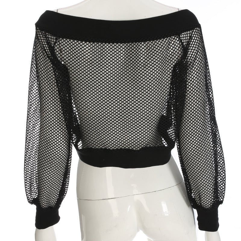 Women's gothic black mesh crop top with long sleeves, off-shoulder design, perfect for edgy streetwear fashion.