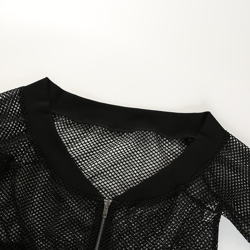 Top view of women's black mesh crop top with long sleeves and off-shoulder design in gothic style.