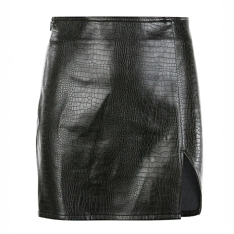 Women's black PU leather mini skirt with side incision, high waist, and stylish texture for a sexy look.