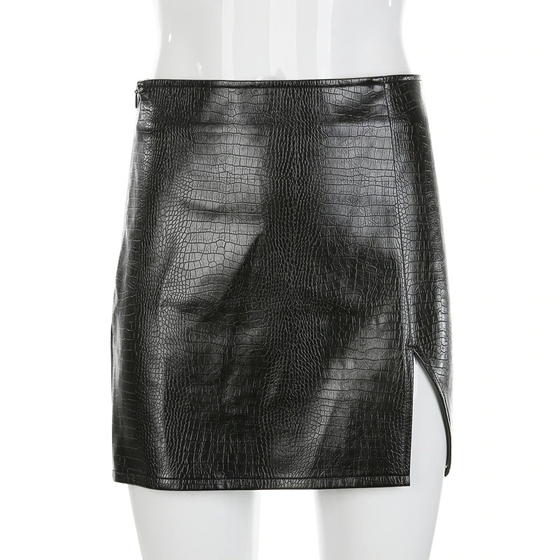 Women's black mini PU leather skirt with side incision for a sexy high-waisted look. Perfect for stylish outfits!