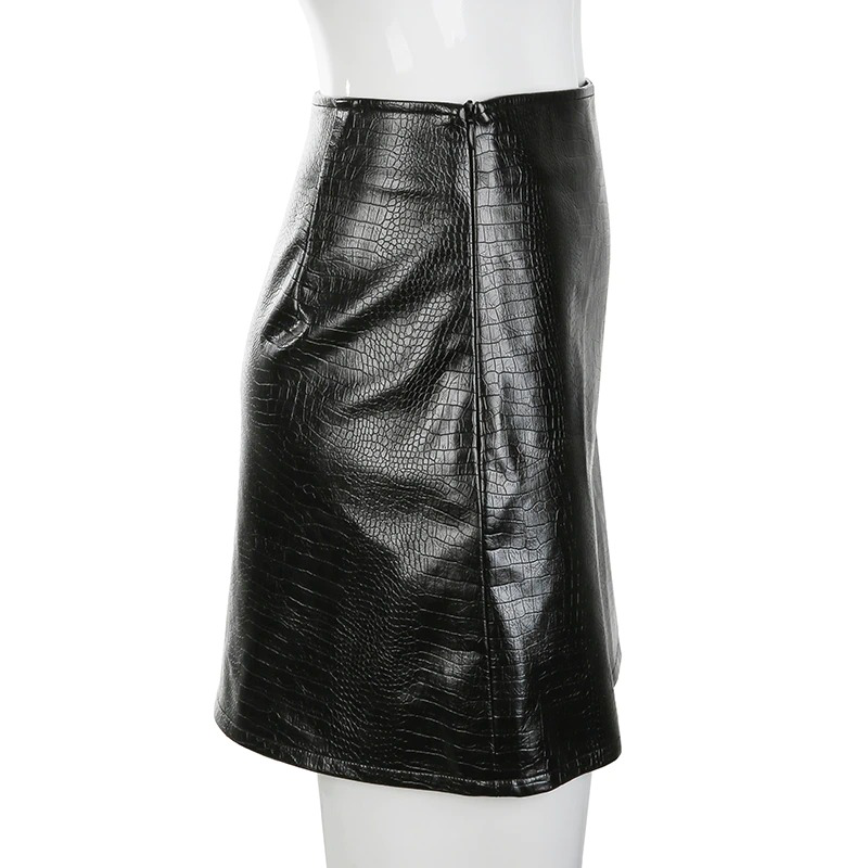 Women's black mini PU leather skirt showcasing a sexy pencil design with a side incision for a stylish high-waist fit.