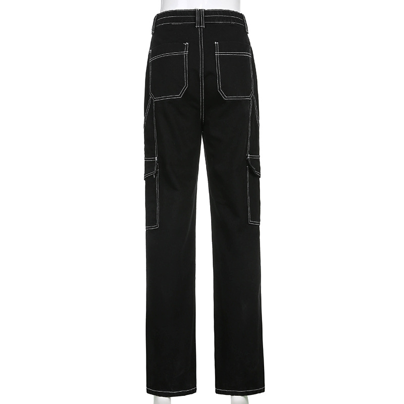 Back view of women's black cotton streetwear pants with high waist and pockets, perfect for alternative clothing styles.