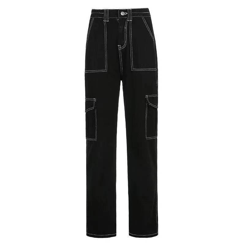 Women's black high-waist straight pants with stylish pockets, perfect for alternative streetwear clothing.