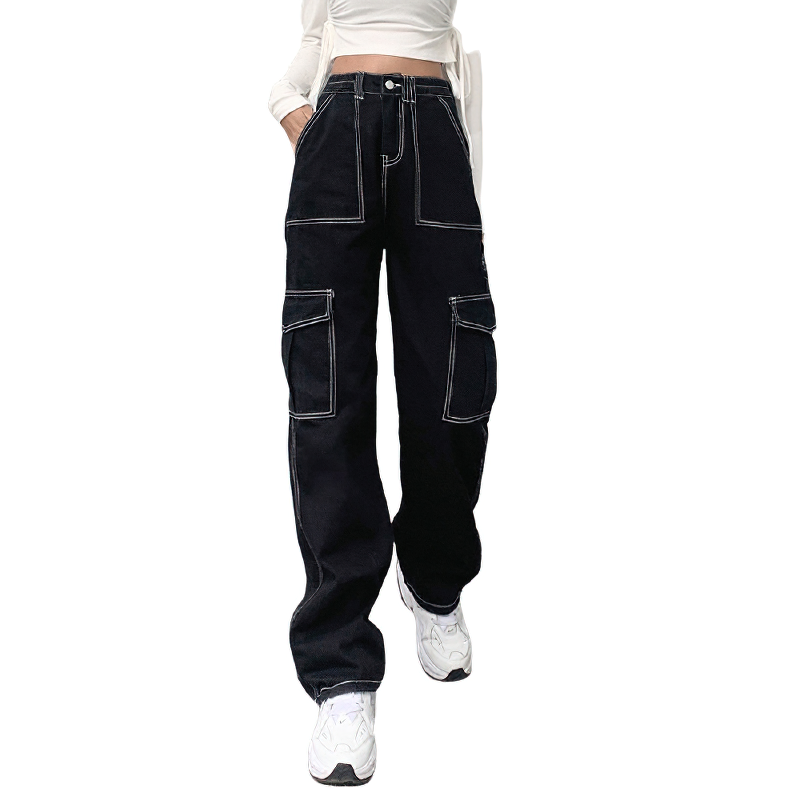 Women wearing stylish black cotton streetwear straight high waist pants with pockets, perfect for alternative fashion.