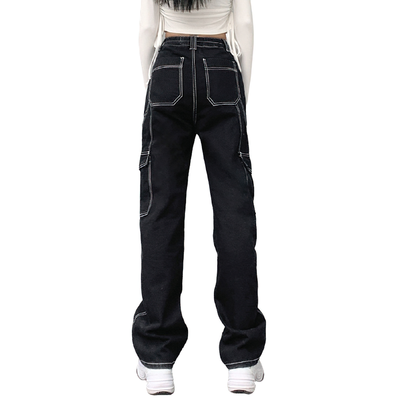Women's straight high-waist black pants in cotton, showcasing a stylish back view with practical pockets.