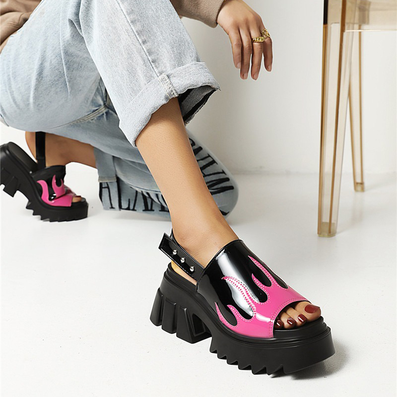 Women's Black Patent Leather Platform Sandals With Pink Flame Pattern / Ladies Peep-Toe Shoes - HARD'N'HEAVY