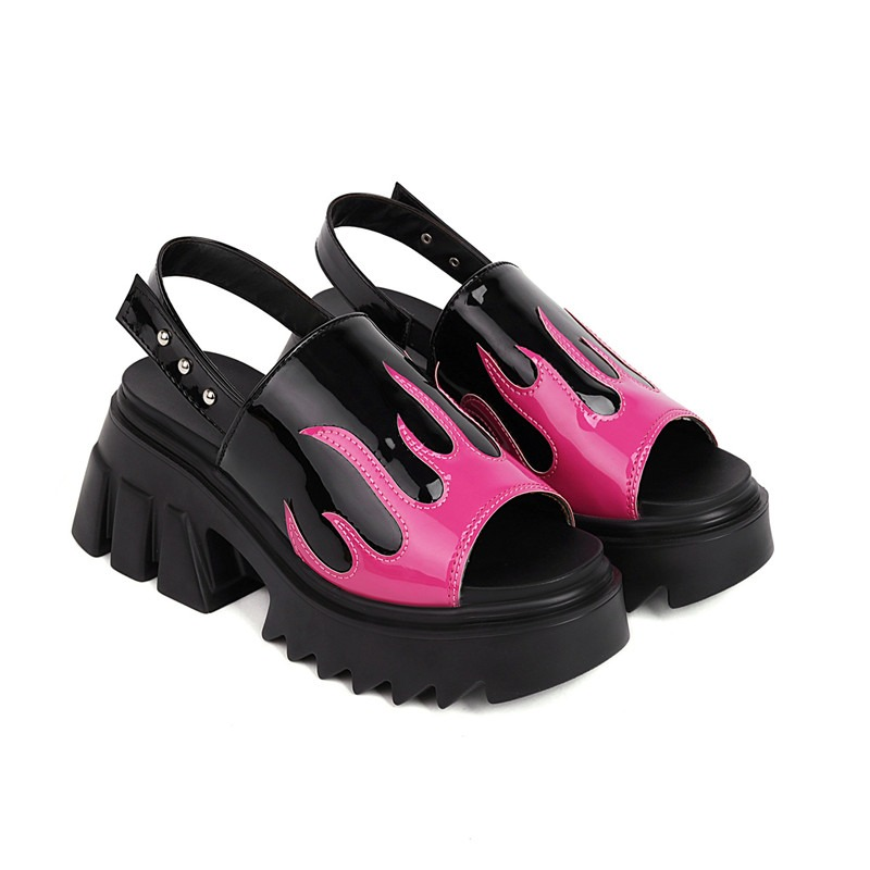 Women's Black Patent Leather Platform Sandals With Pink Flame Pattern / Ladies Peep-Toe Shoes - HARD'N'HEAVY