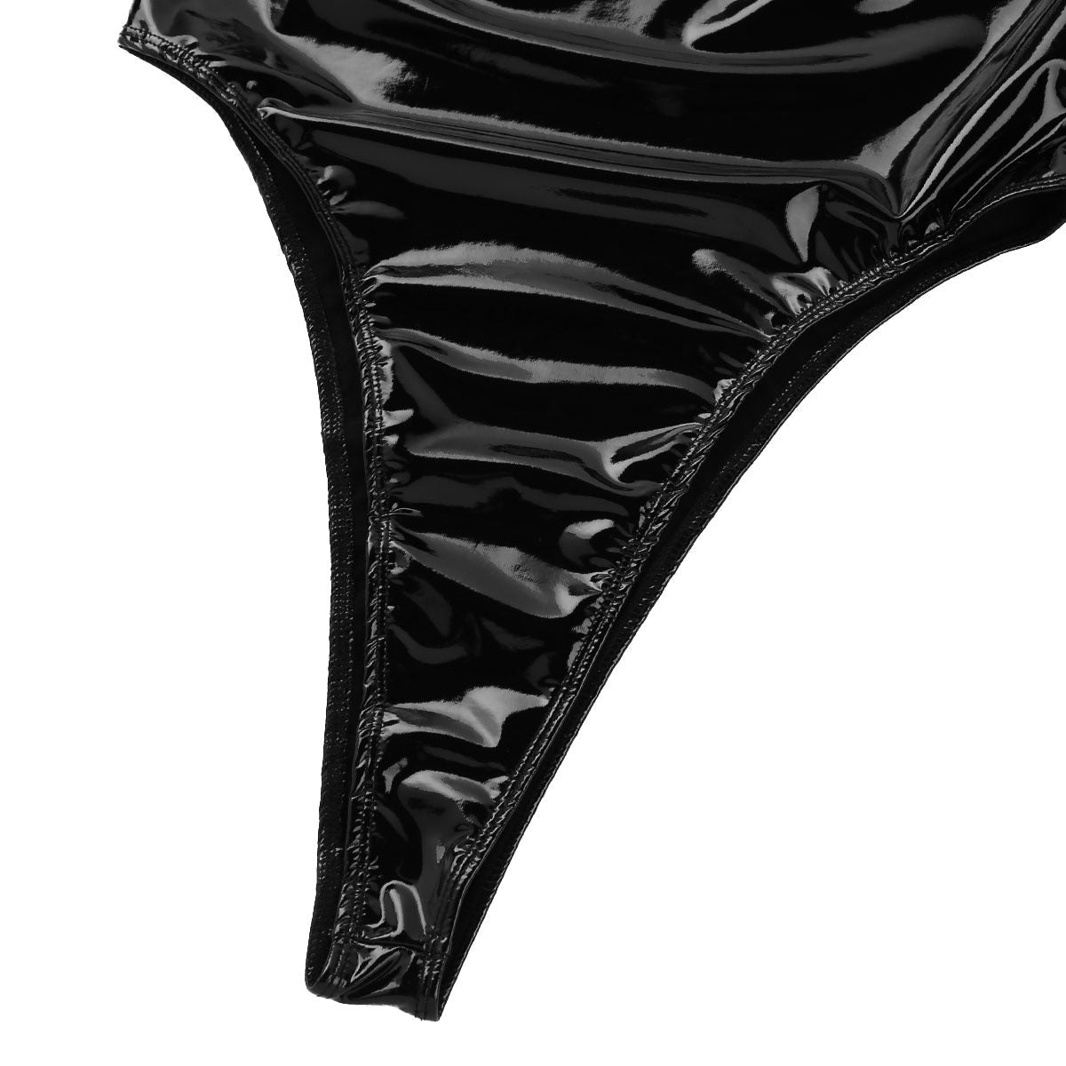 Close-up of Women's Black Patent Leather Sexy Bodysuit thong, showcasing shiny material and adjustable design details.