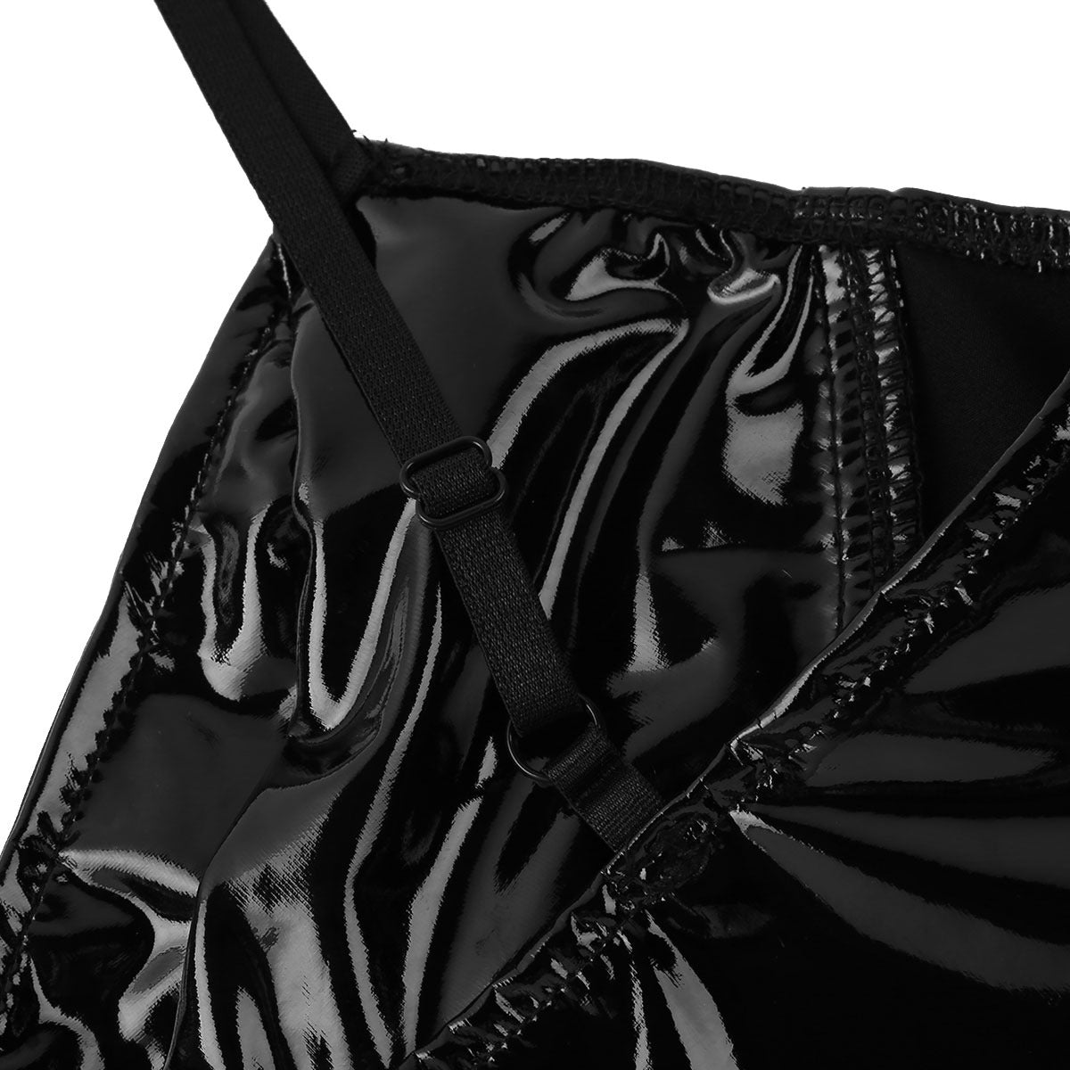 Close-up of adjustable straps on a black patent leather bodysuit showcasing sleek, sexy design and high cut style.