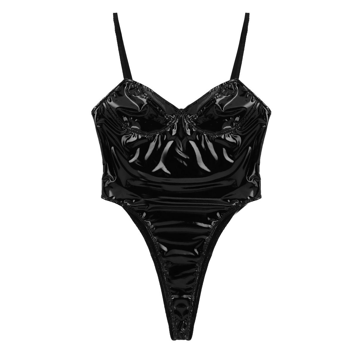 Women's black patent leather sexy bodysuit with adjustable straps and high cut thong design.