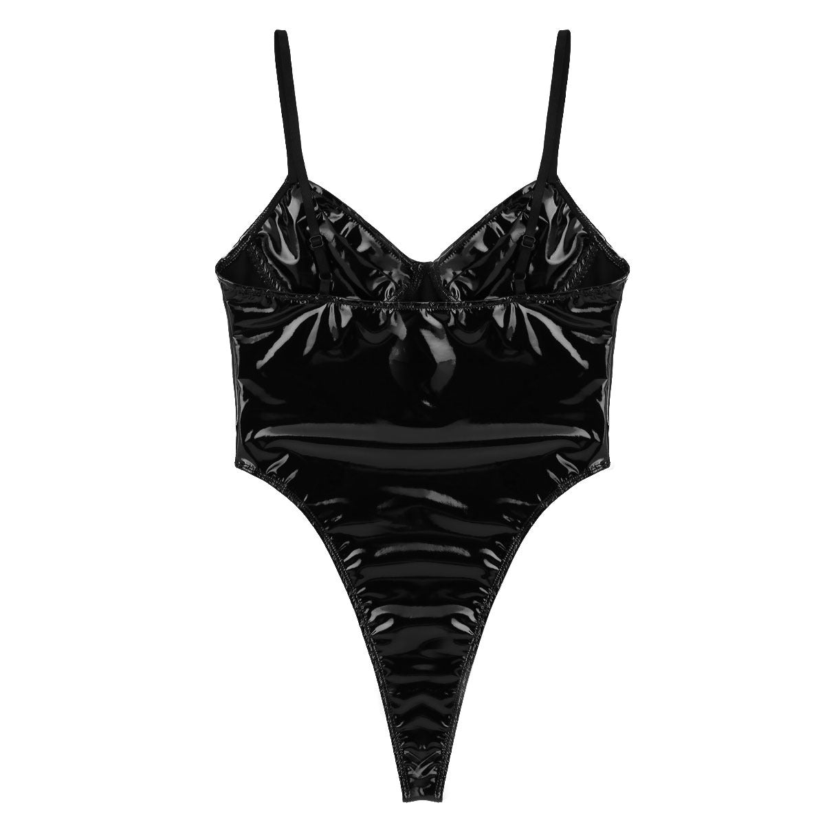 Women's black patent leather sexy bodysuit with adjustable straps and high cut thong design.
