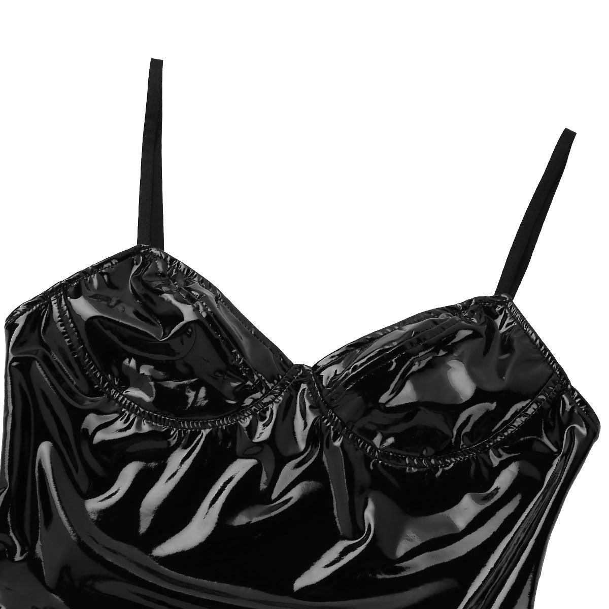 Close-up of women's black patent leather bodysuit with adjustable straps and push-up cups, highlighting sexy style.