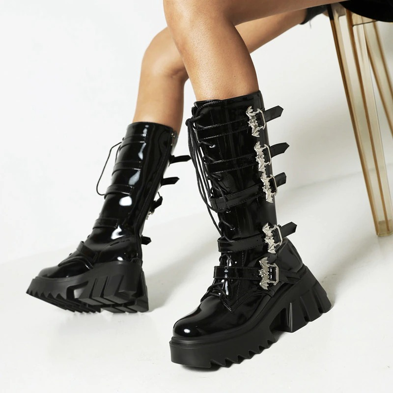 Women's Black Platform Thigh Warm Boots with Bat Buckles / Fashion Mid Calf Patent Leather Boots - HARD'N'HEAVY