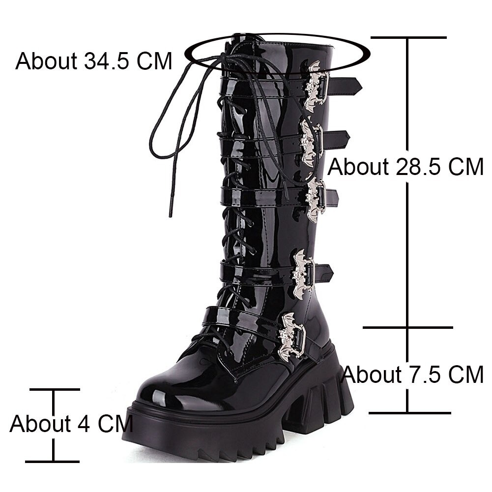 Stylish women's black platform thigh warm boots with bat buckles, featuring measurements for perfect fit.